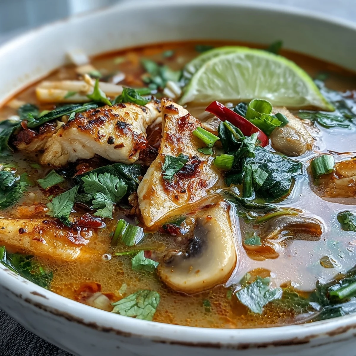 Hot, aromatic Tom Yum Chicken soup with tender meat, mushrooms, and tomatoes in a clear broth.
