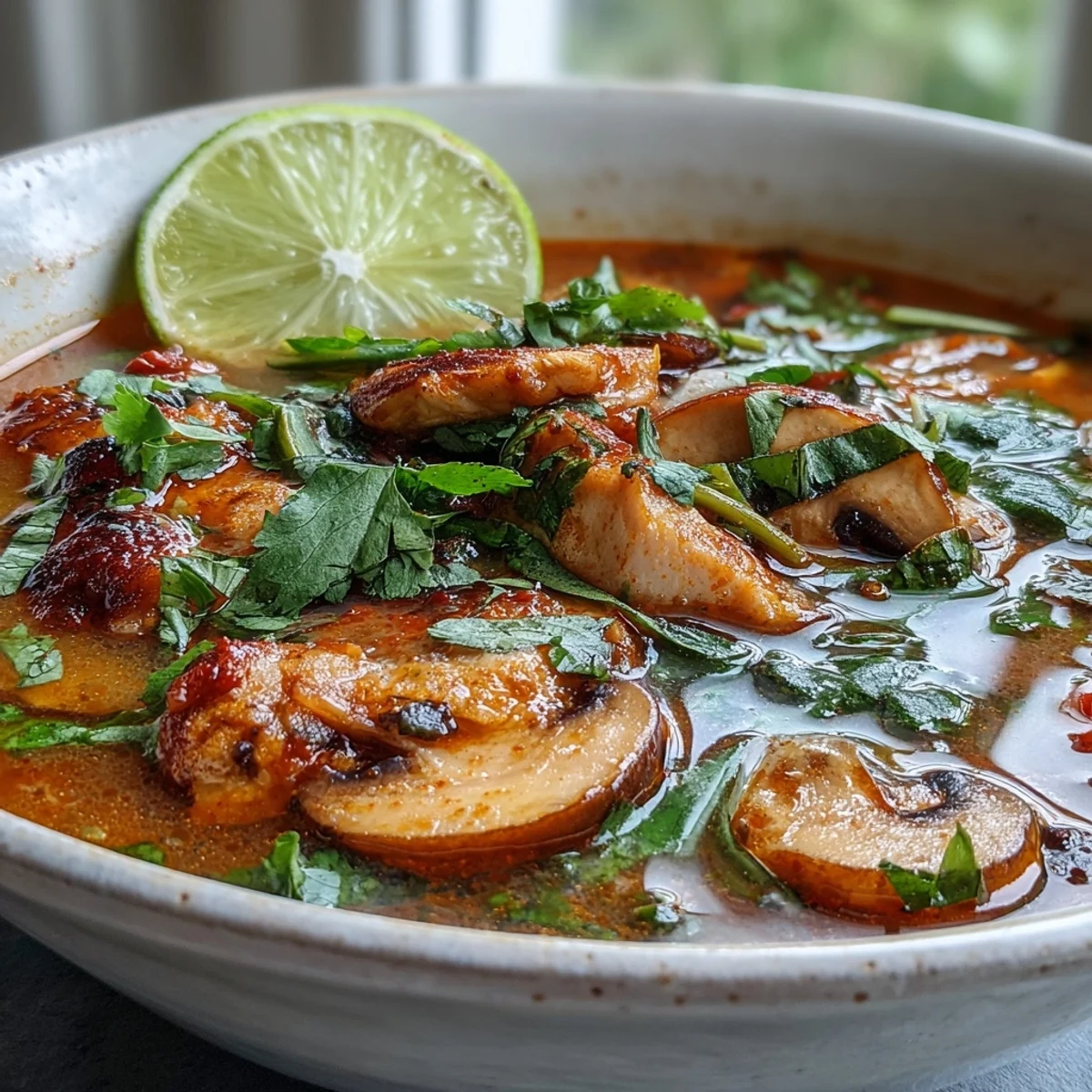 Steaming bowl of Tom Yum Chicken garnished with fresh cilantro, green onions, and lime wedges.
