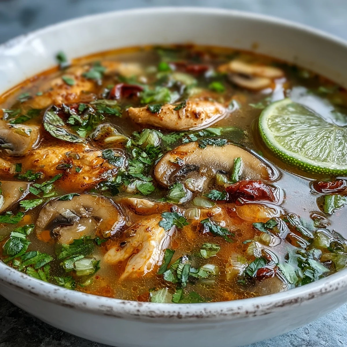 Spicy and sour Tom Yum Chicken served in a rustic bowl, perfect with steamed jasmine rice.