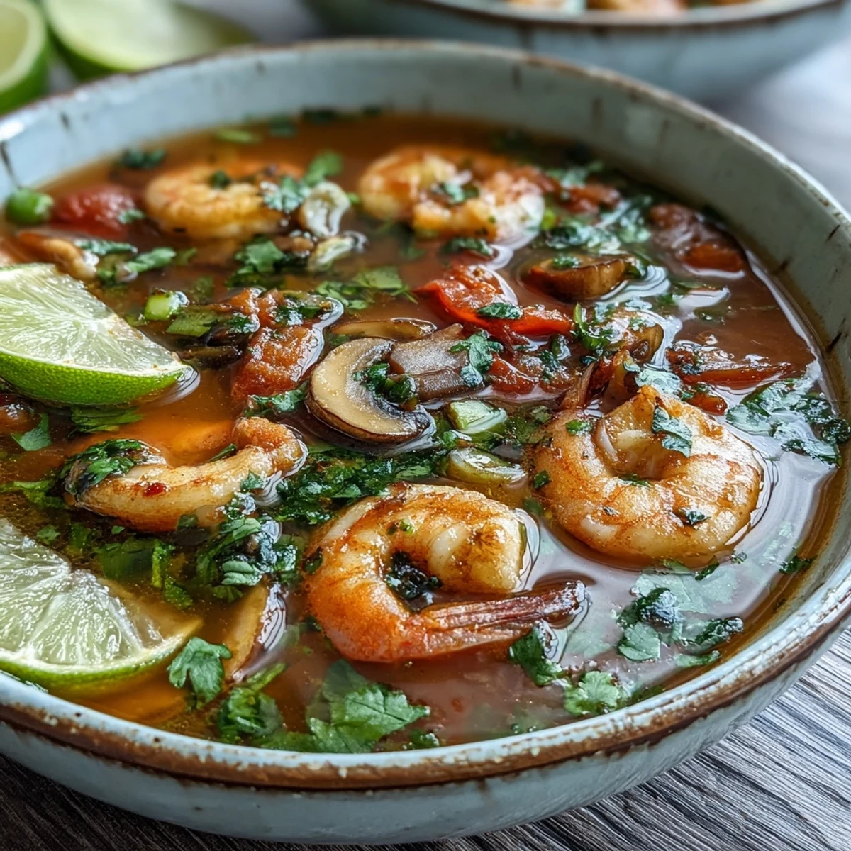 Steaming bowl of Tom Yum Soup with shrimp, mushrooms, and fresh lime wedges on the side.