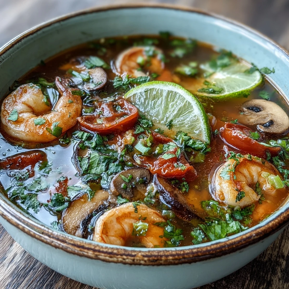 Authentic Thai Tom Yum Soup featuring tender shrimp, tomatoes, and aromatic herbs in a clear broth.