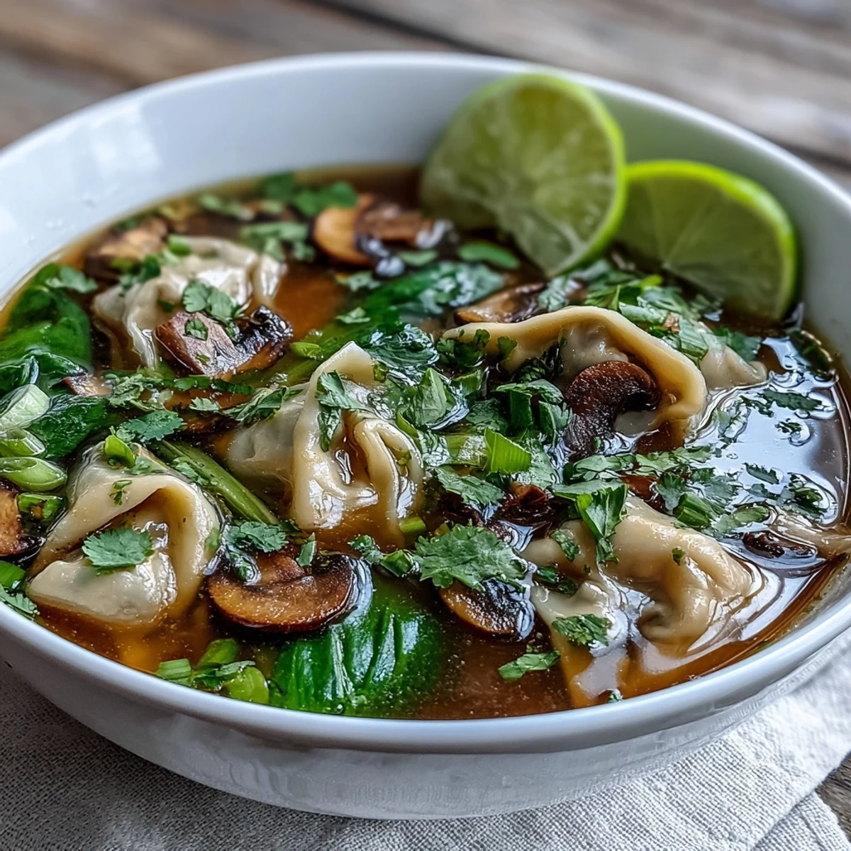 Hearty Tom Yum Wonton Soup steaming in a bowl, filled with tender dumplings and bok choy in a clear, spicy broth.