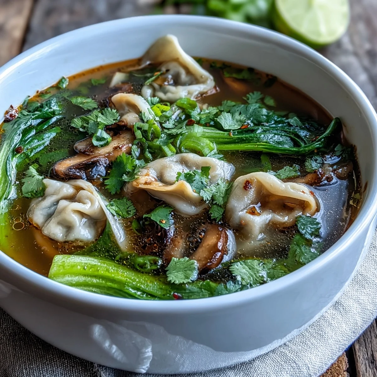Colorful Tom Yum Wonton Soup garnished with fresh cilantro and lime wedges, served beside chili oil for extra heat.