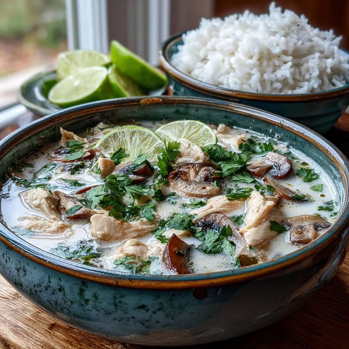 Creamy Tom Kha Soup with tender chicken, mushrooms, and fresh herbs in a white bowl.
