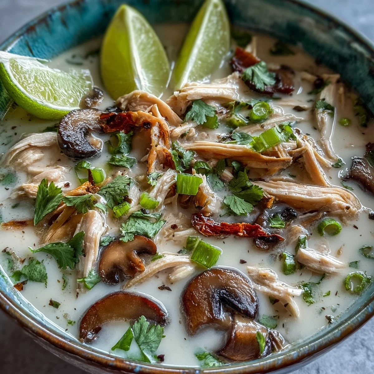 Fragrant Authentic Tom Kha Gai soup in a white bowl, featuring tender chicken, mushrooms, and fresh cilantro garnish.