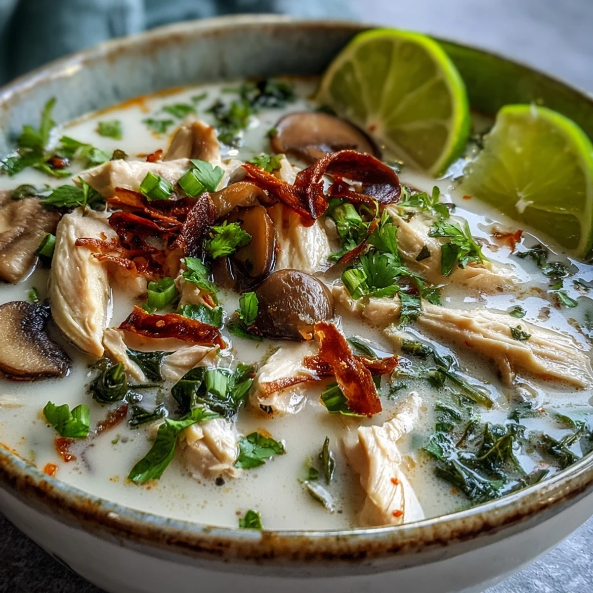 Steaming Authentic Tom Kha Gai served with lime wedges on the side, showcasing creamy coconut milk and colorful aromatics.