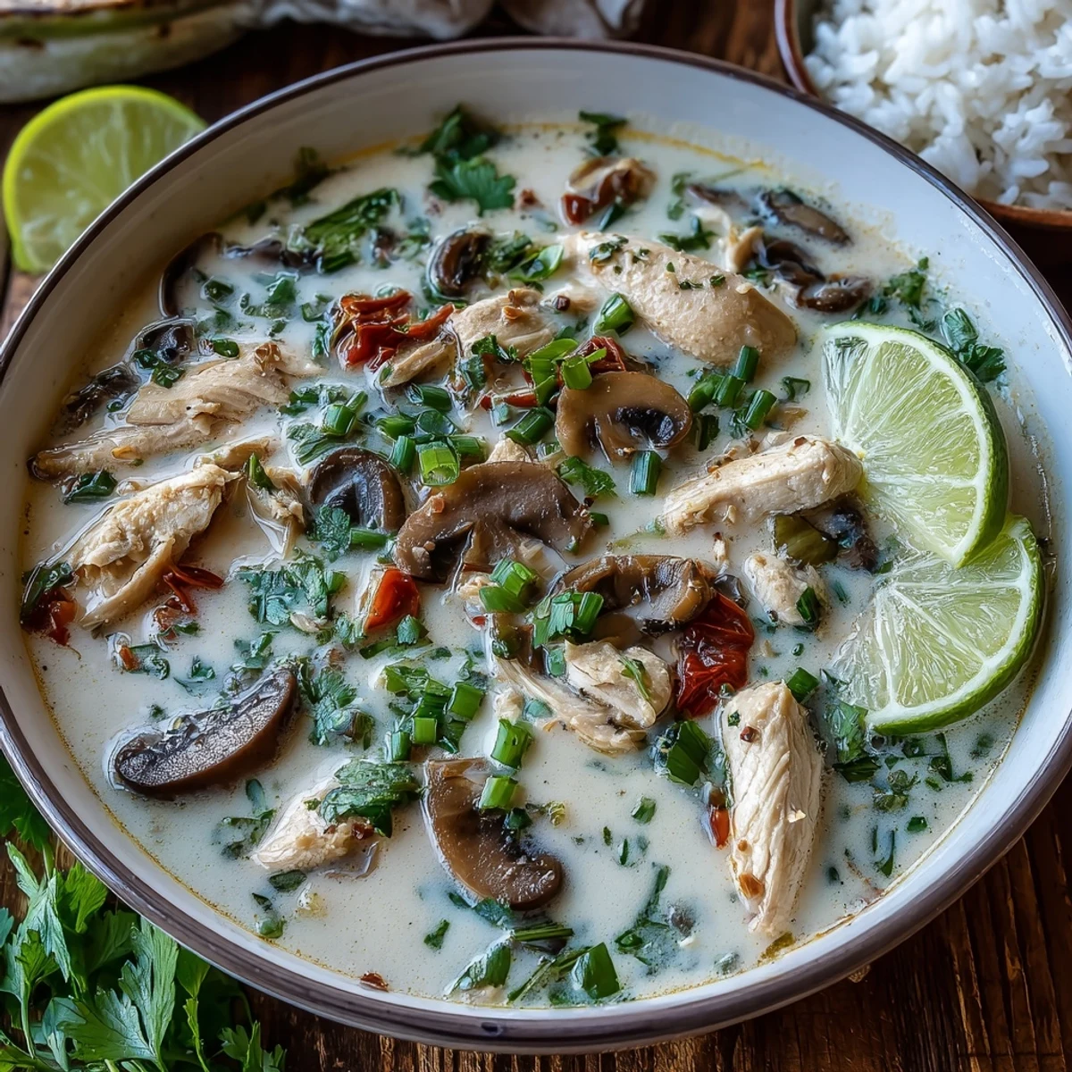 Creamy Best Ever Tom Kha Gai Soup steaming in a bowl, garnished with cilantro, lime wedges, and sliced chicken.