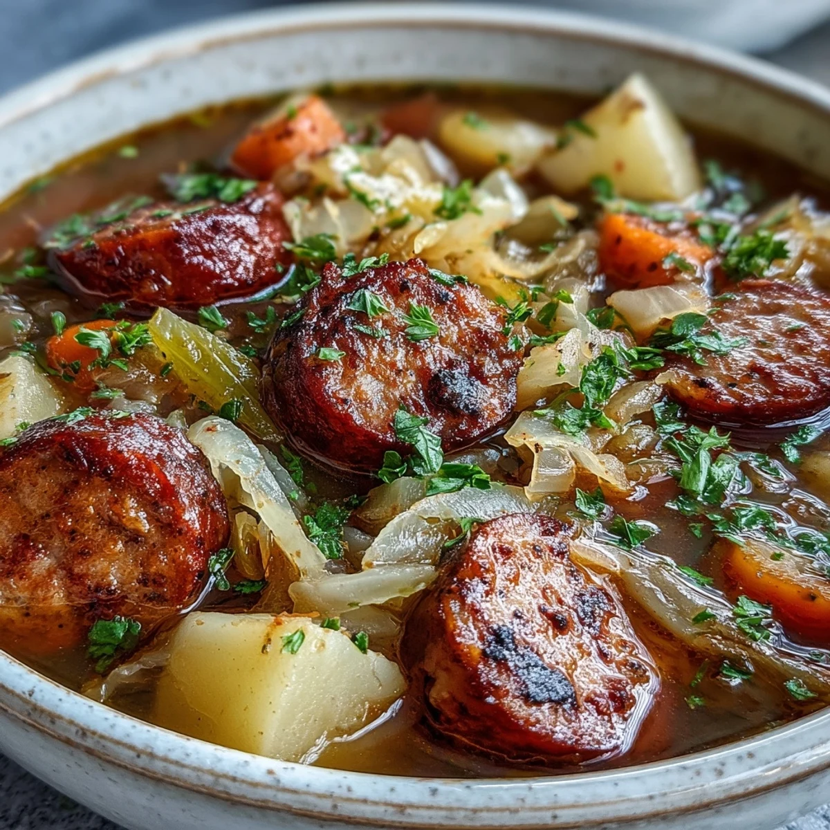 Steaming bowl of Sausage, Potato and Cabbage Soup garnished with fresh parsley and a dollop of sour cream, perfect for a cozy winter dinner.