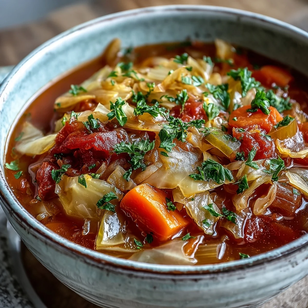 Homemade Classic Cabbage Soup simmering in a large pot, featuring tender green cabbage, carrots, celery, and tomatoes in a rich, savory broth.