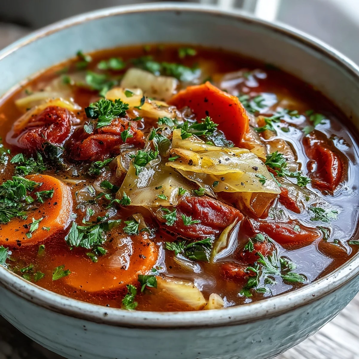 Close-up of a ladle serving Classic Cabbage Soup into a rustic bowl, with fresh parsley garnish and steam rising, ready to enjoy.