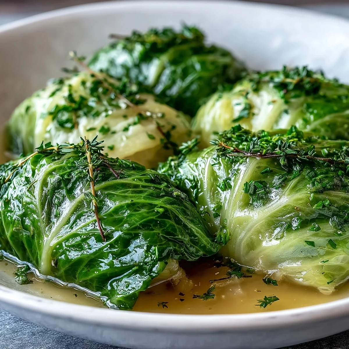 Tender green cabbage wedges simmer in a creamy Parmesan broth, garnished with fresh thyme and parsley for an aromatic side dish.