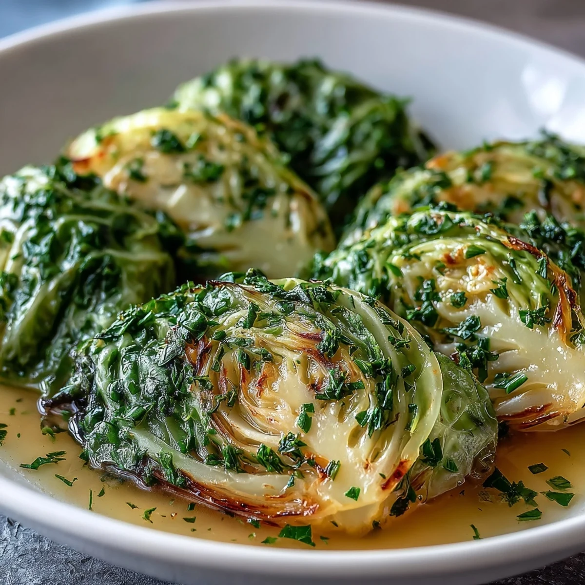 A close-up of Herby Cabbage in Parmesan broth, featuring wilted herbs and melted cheese clinging to the cabbage leaves.