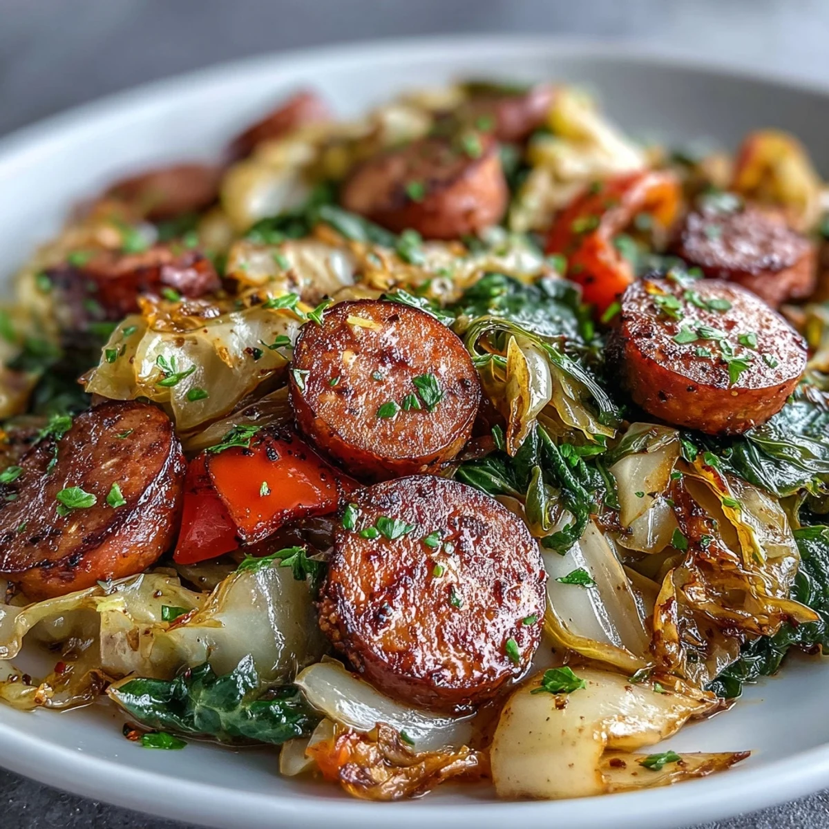 Sizzling smoked sausage slices nestled with tender green cabbage in a seasoned skillet, served hot as a hearty Southern main dish.