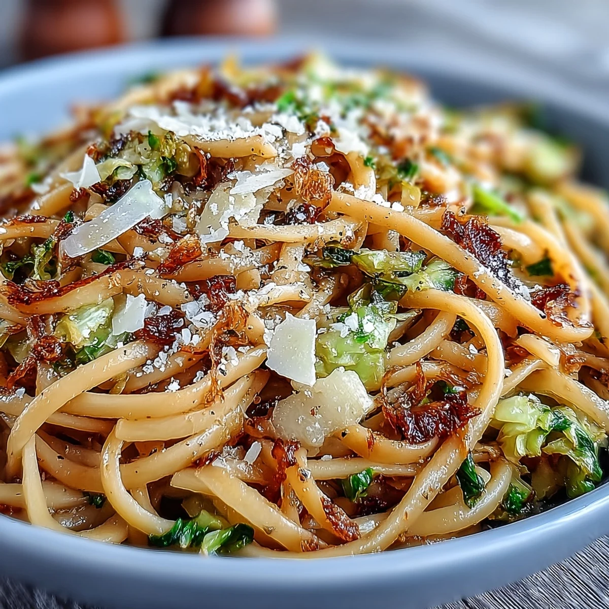 Close-up of Cabbage Pasta with Garlic and Parmesan, featuring golden caramelized cabbage and strands of spaghetti tossed in a light, glossy sauce with fresh parsley garnish.
