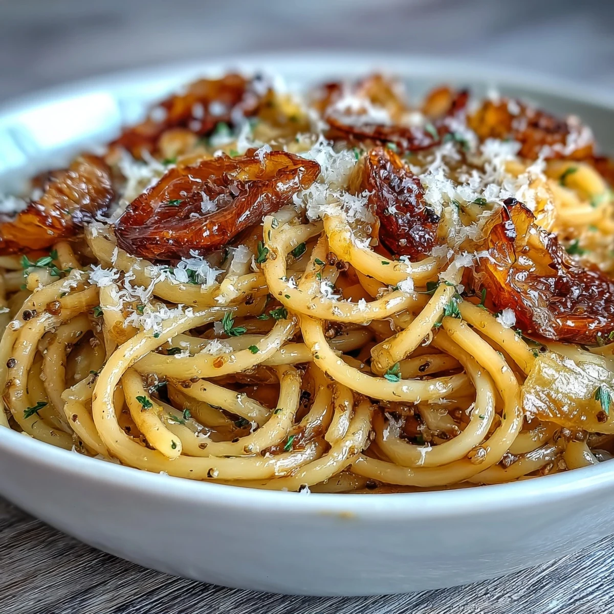 A comforting skillet of Cabbage Pasta with Garlic and Parmesan, with sautéed cabbage and sliced garlic mingling with linguine, ready to serve with extra grated Parmesan.
