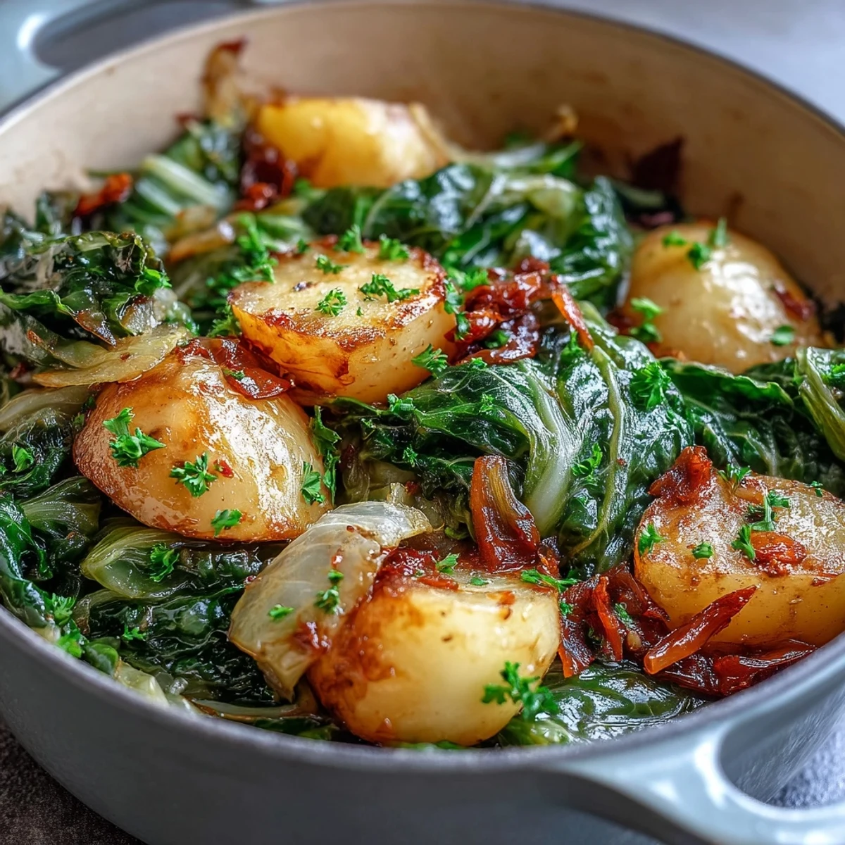 Soft potatoes and cabbage meld with gentle chili warmth in this easy, comforting one-pot dish for four servings.  