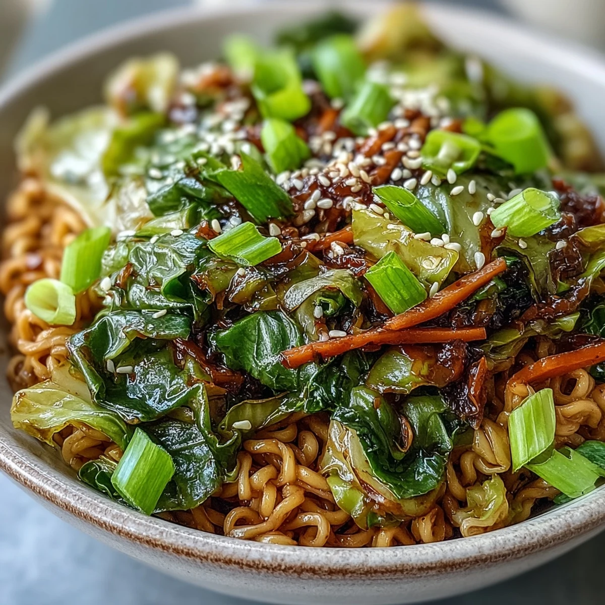 Savory weeknight fried cabbage ramen tossed with garlic, ginger, and sesame sauce for a quick vegetarian meal.  