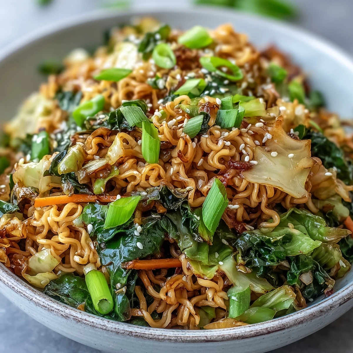 Crispy fried cabbage ramen stir-fry with chewy noodles, fresh carrots, and scallions served in a white bowl.  