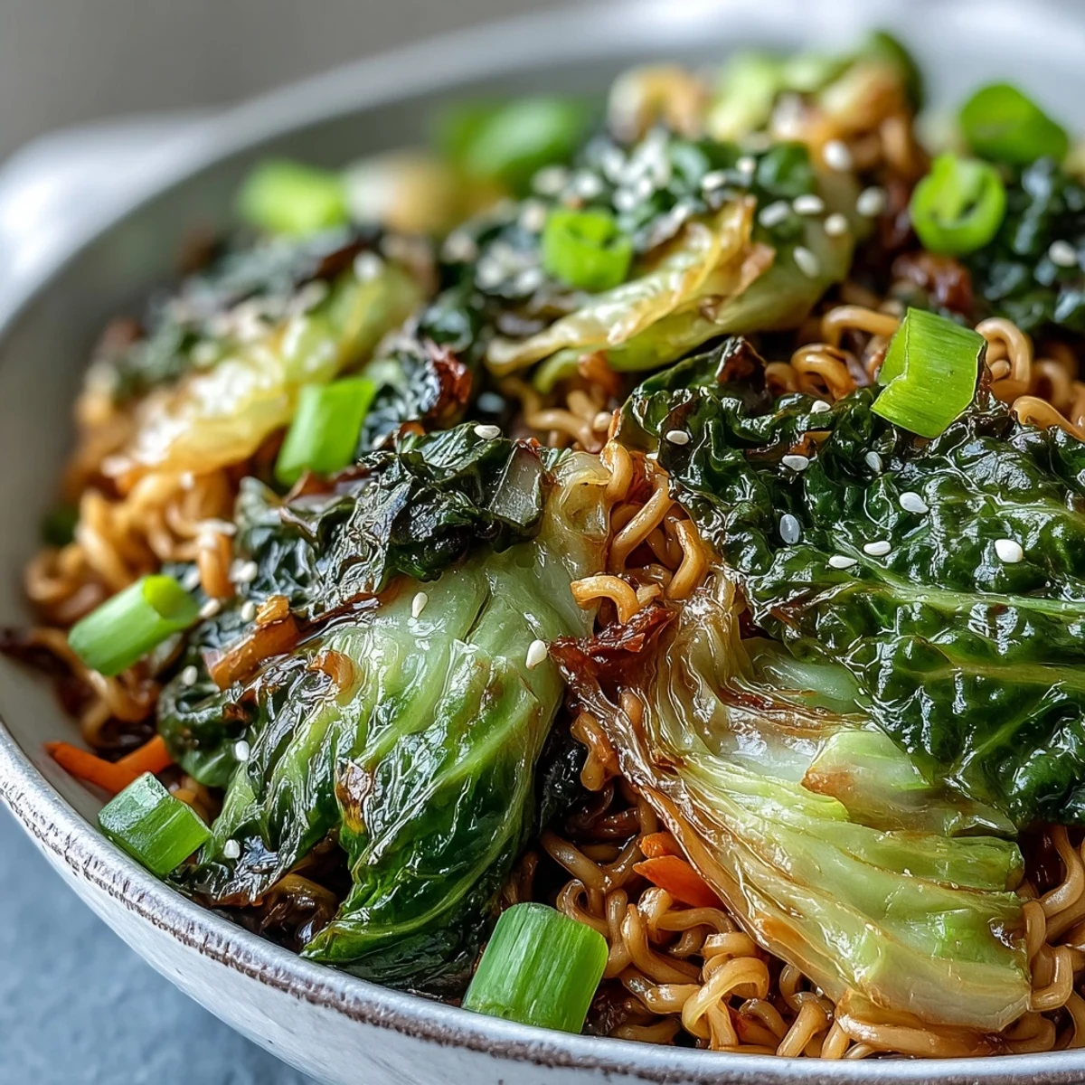 Steaming bowl of Asian fusion fried cabbage ramen garnished with scallions and chili flakes, perfect for easy dinners.