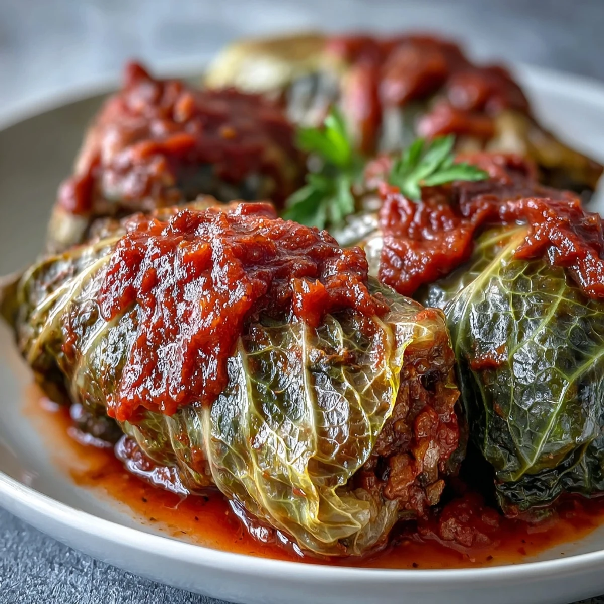 Golden-brown cabbage rolls baked in a rich tomato sauce, garnished with fresh parsley and served hot in a rustic dish.  