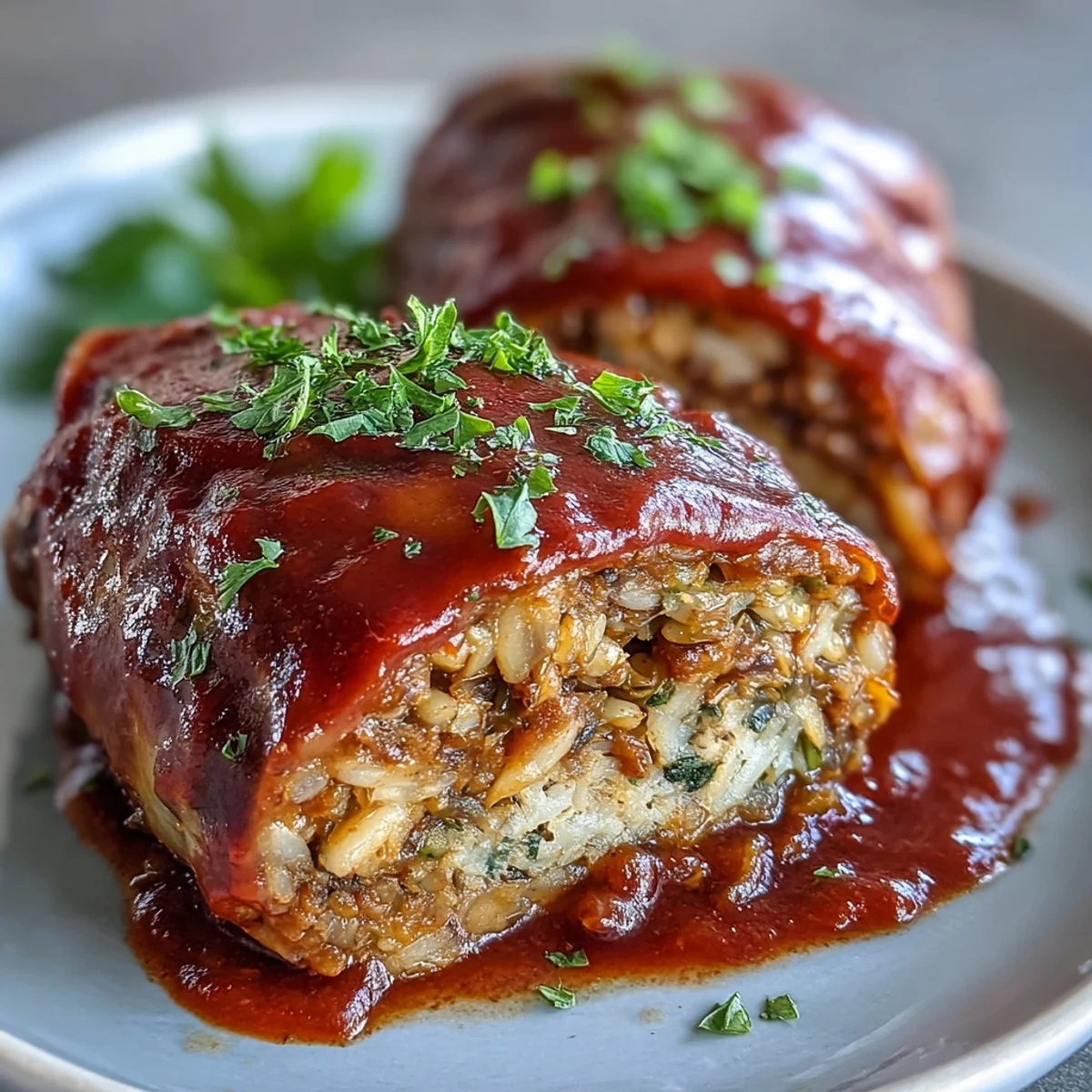 Freshly baked vegan cabbage rolls in a ceramic dish, glistening with rich tomato sauce and flecked with fresh parsley.  