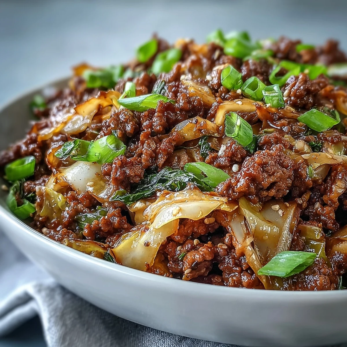 Steaming Chinese Ground Beef and Cabbage Stir-Fry in a wok, topped with sliced green onions and sesame seeds for a crunchy finish.