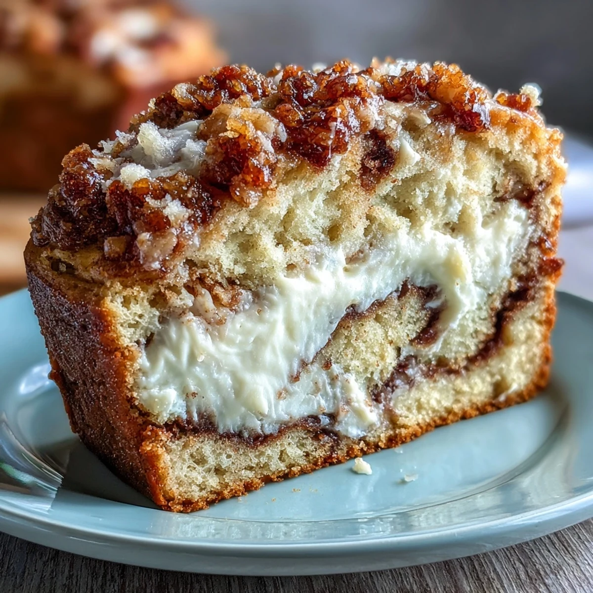 A golden loaf of Cream Cheese Cinnamon Swirl Banana Bread is served on a rustic wooden board.