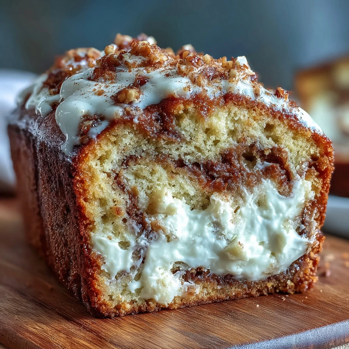Freshly baked Cream Cheese Cinnamon Swirl Banana Bread reveals creamy filling layers, perfect for breakfast or dessert.
