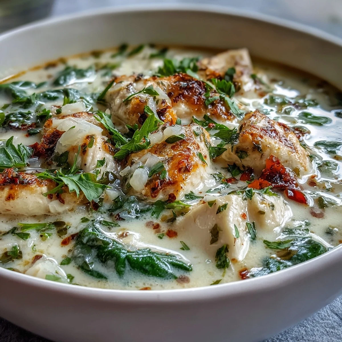 Creamy Garlic Parmesan Chicken Soup with tender chicken pieces and fresh parsley garnish in a rustic bowl.