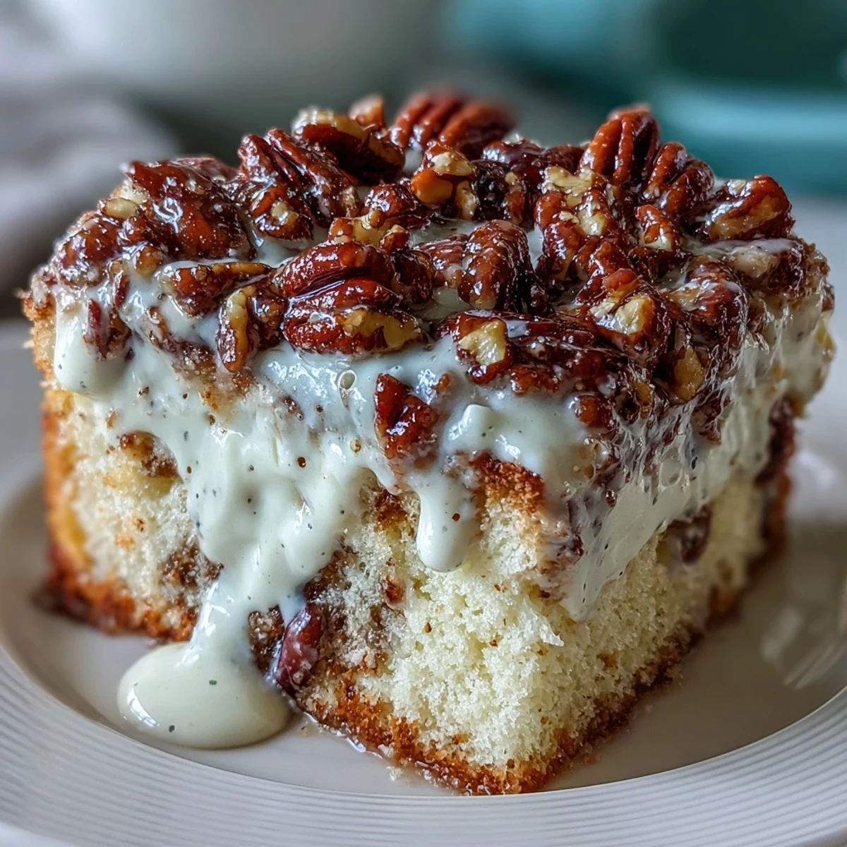 Chilled Butter Pecan Tres Leches Cake garnished with buttery pecans and sweet whipped cream, ideal for a festive Mexican-American dessert spread.