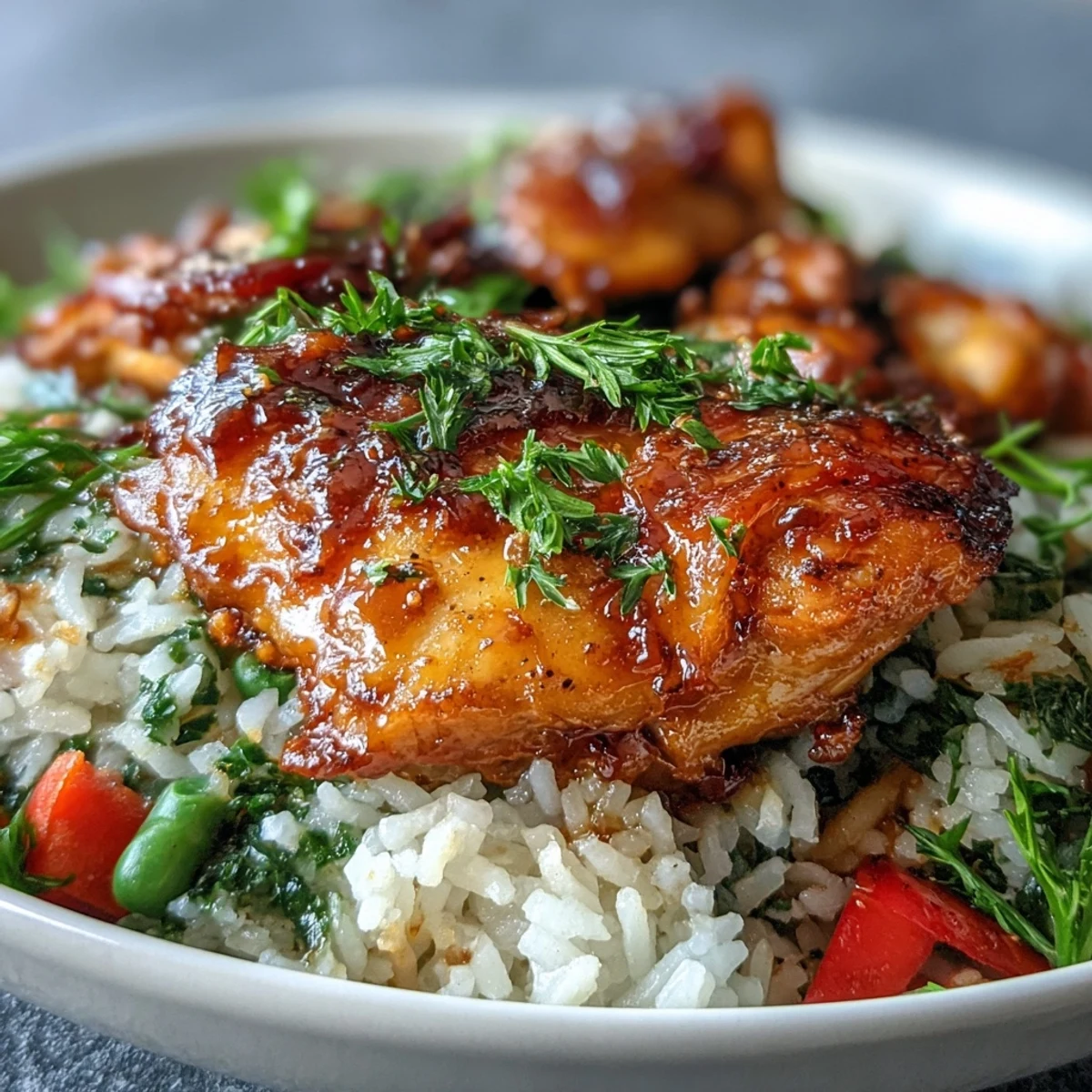Honey glaze glistens on tender chicken pieces nestled in fluffy rice and bright bell peppers in this One-Pan Bold Honey BBQ Chicken Rice.