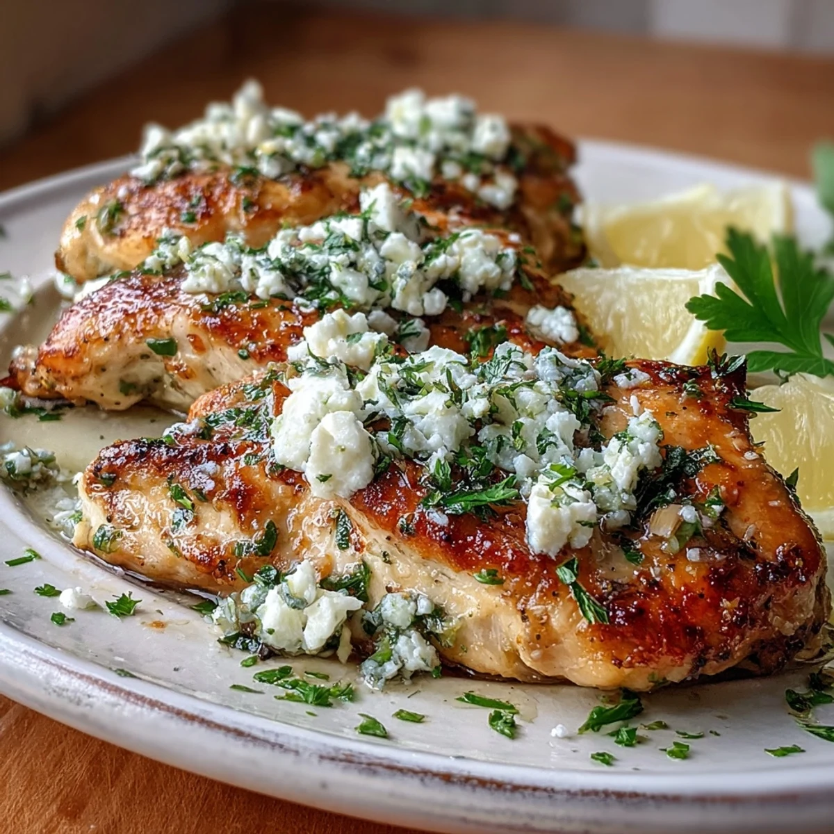 Golden-brown Greek Chicken with Lemon and Feta slices fanned out on a white plate with fresh parsley.