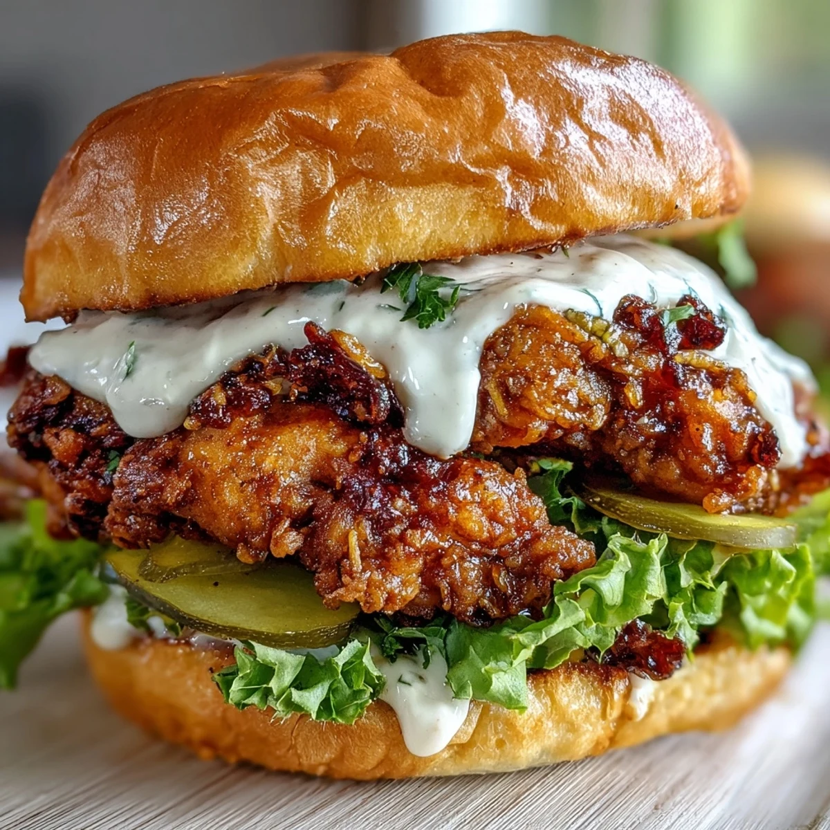 Golden-brown fried chicken breast sits on a buttery brioche bun with crisp lettuce and pickles.