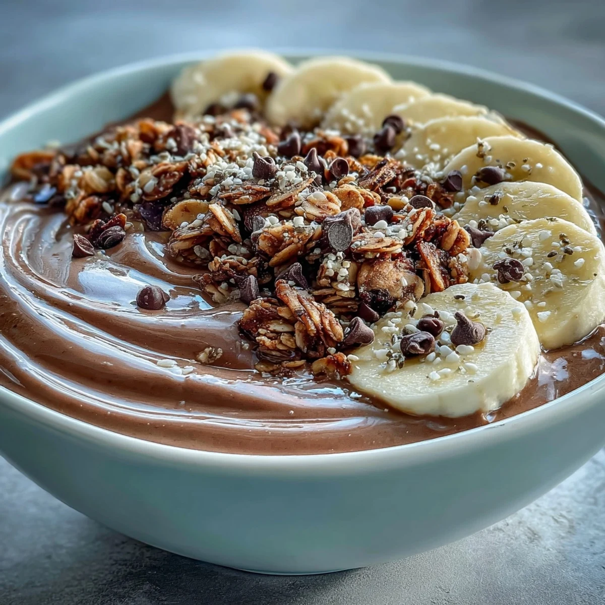 Thick and creamy Chunky Monkey smoothie bowl topped with sliced bananas, crunchy granola, and cacao nibs.