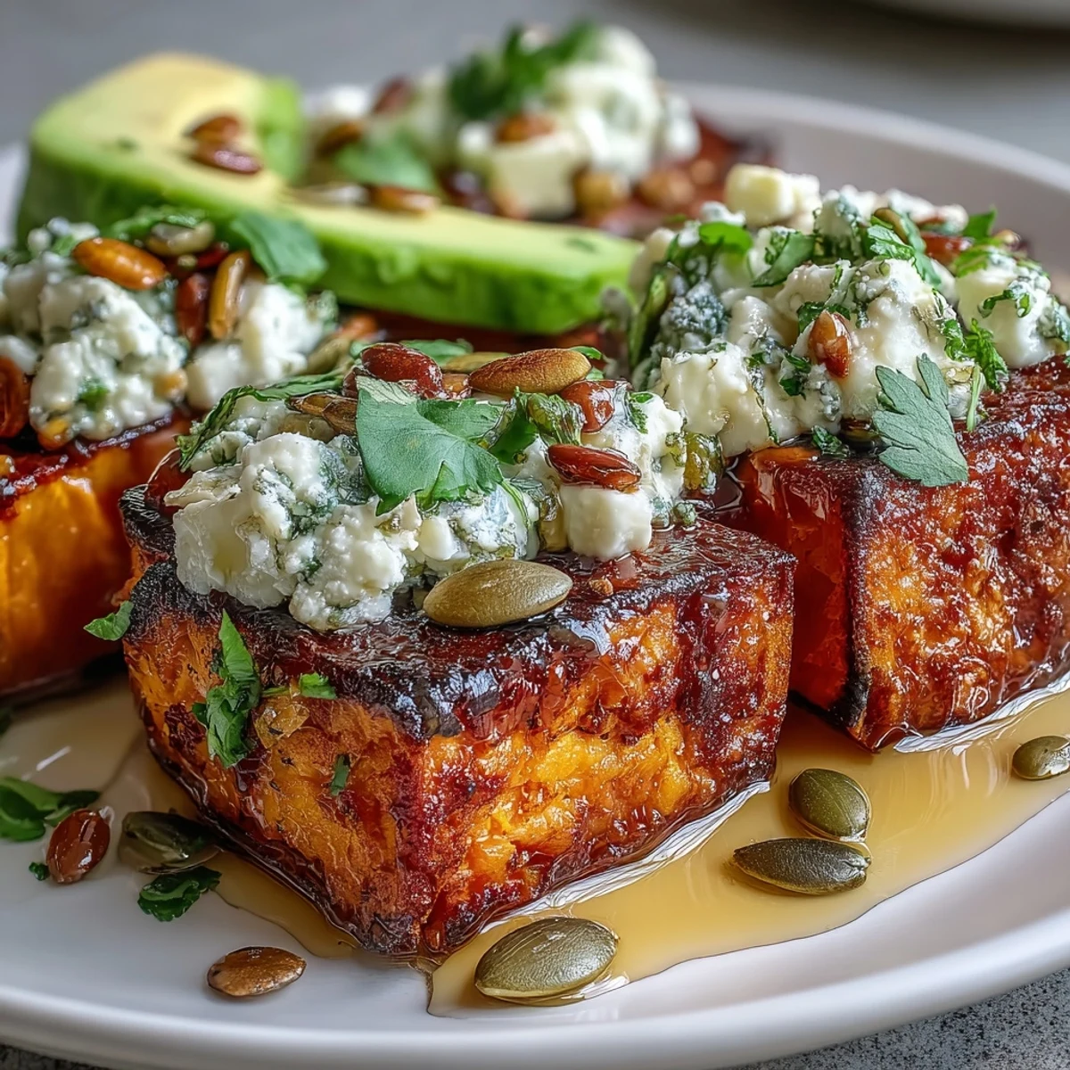Roasted sweet potato cubes and creamy avocado fill a bowl with cottage cheese and spicy-sweet hot honey drizzle.