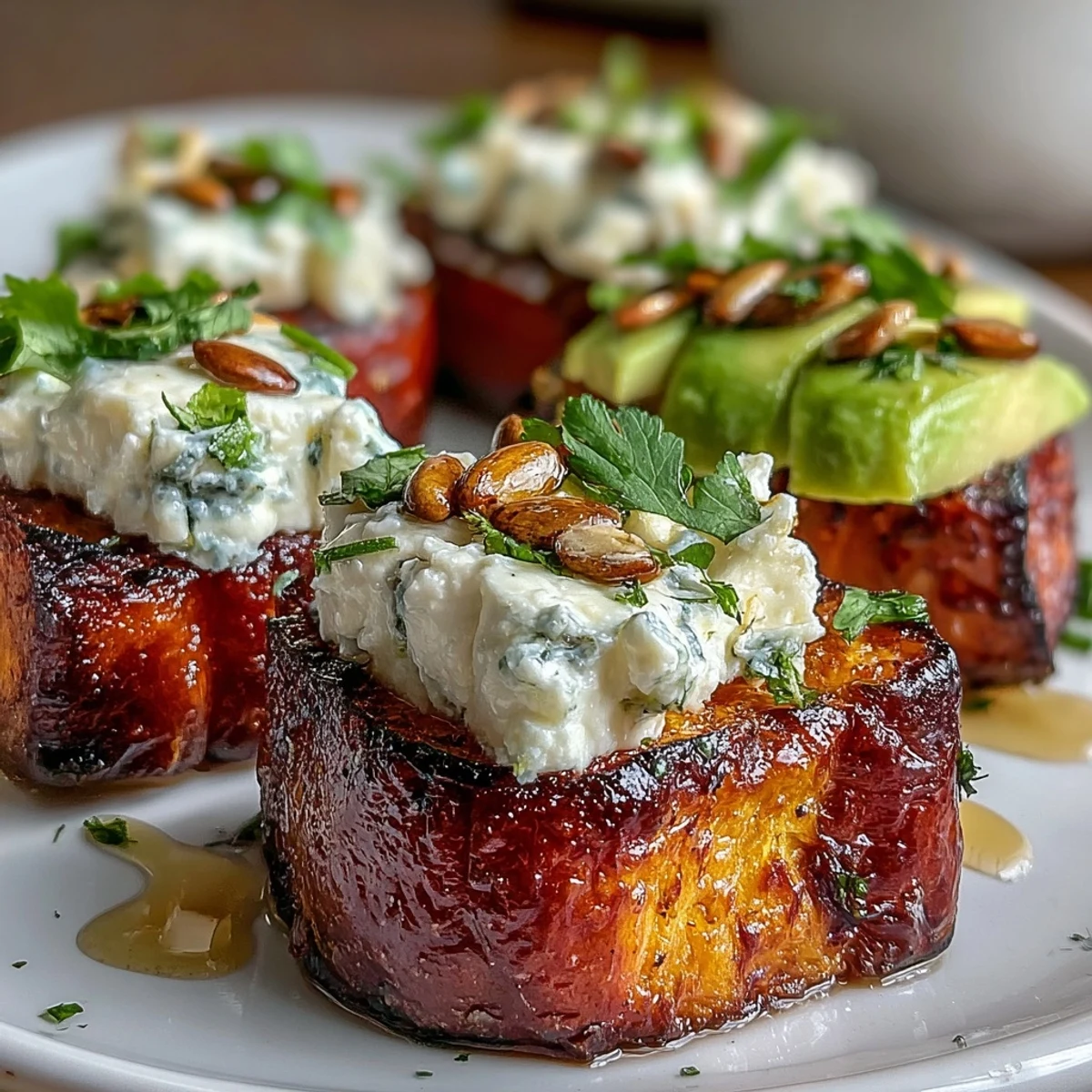 Golden, crispy-edged sweet potatoes topped with avocado and cottage cheese, finished with a glossy hot honey drizzle for spice.