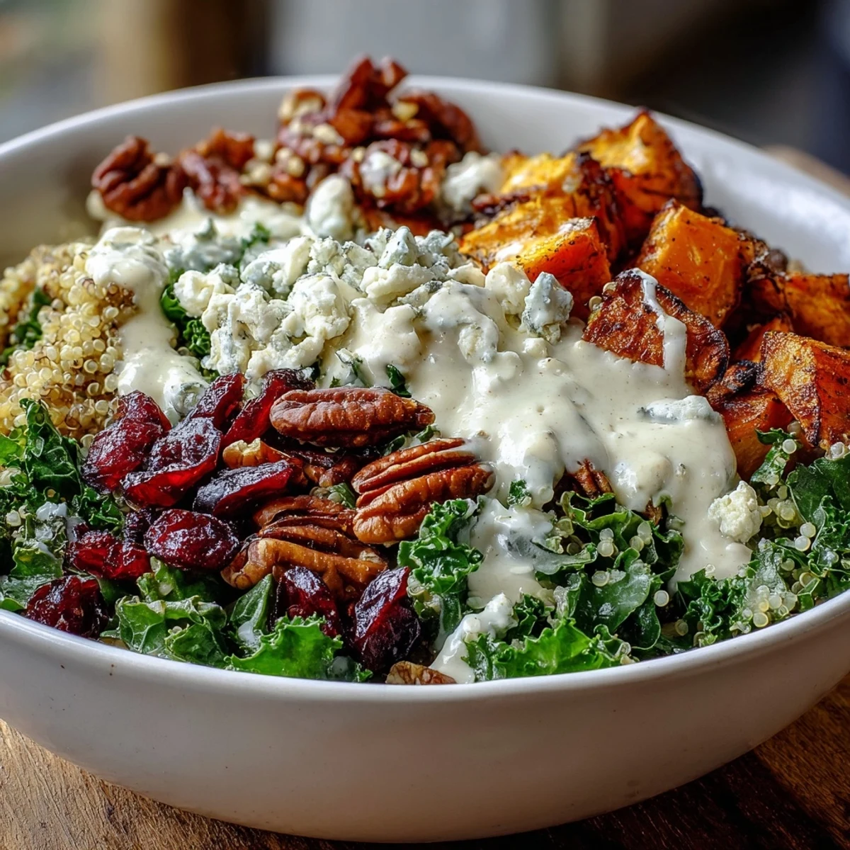 Roasted sweet potatoes and fluffy quinoa form the base of this Harvest Kale Quinoa Bowl, drizzled with creamy lemon tahini dressing.