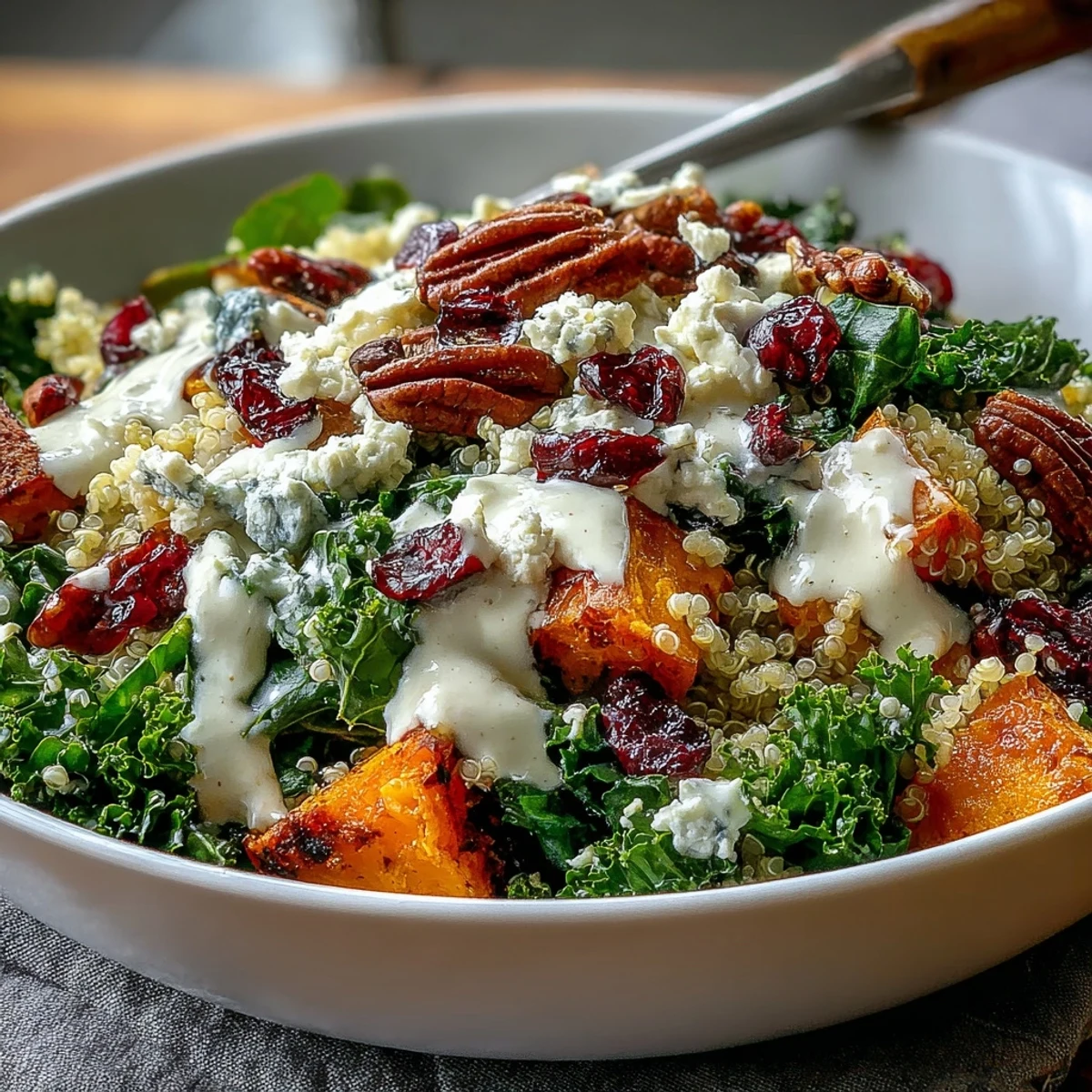 A vibrant Harvest Kale Quinoa Bowl featuring massaged kale, crunchy pecans, sweet dried cranberries, and tangy crumbled blue cheese.