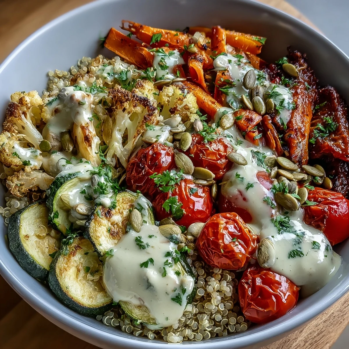 A finished Roasted Vegetable Quinoa Bowl garnished with fresh parsley and pumpkin seeds, drizzled with creamy tahini sauce.