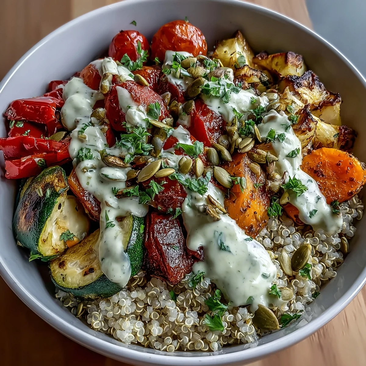 Colorful roasted bell peppers, zucchini, and cherry tomatoes sit over fluffy quinoa in this healthy vegan bowl.