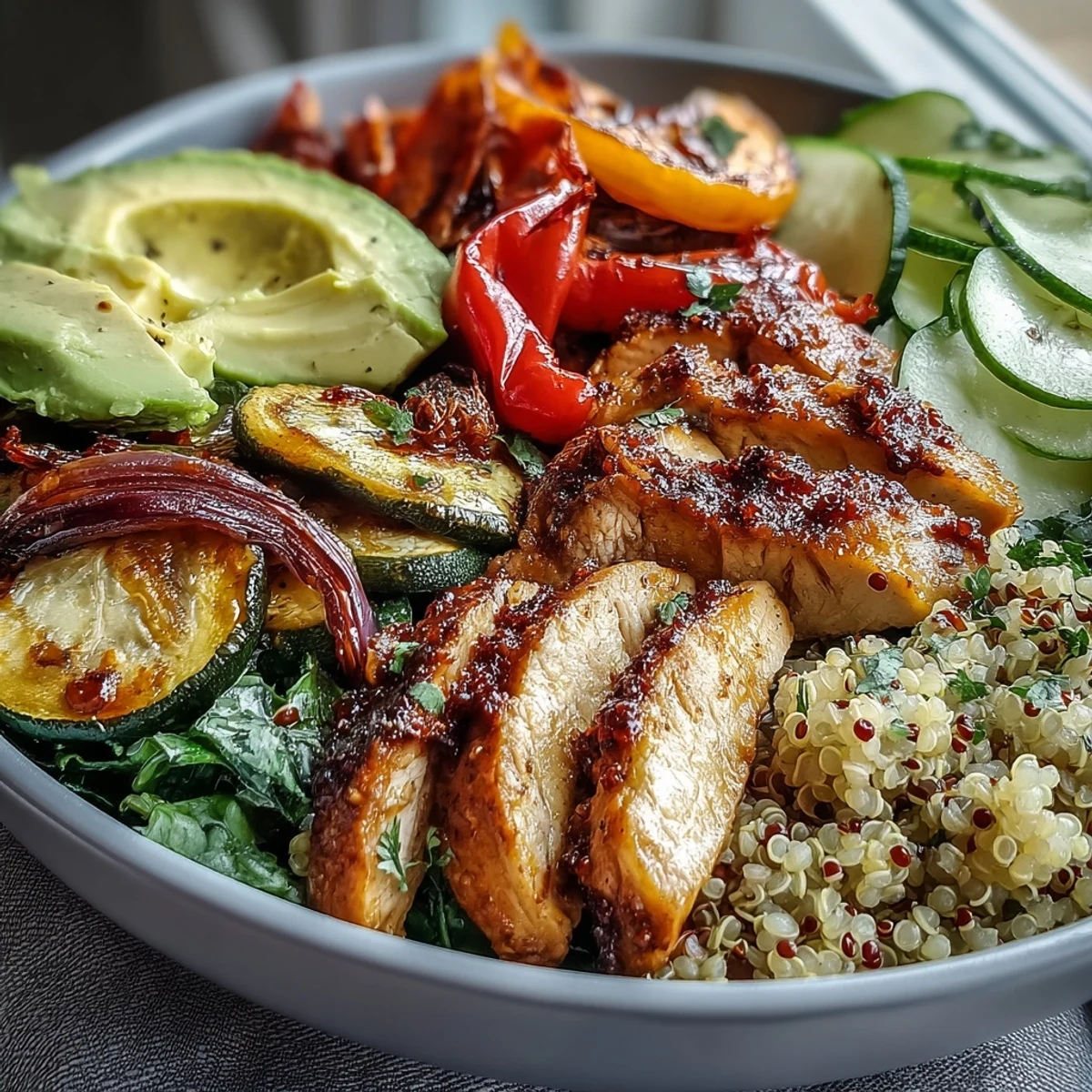 Golden roasted vegetables seasoned with paprika sit atop fluffy quinoa with sliced chicken and avocado.