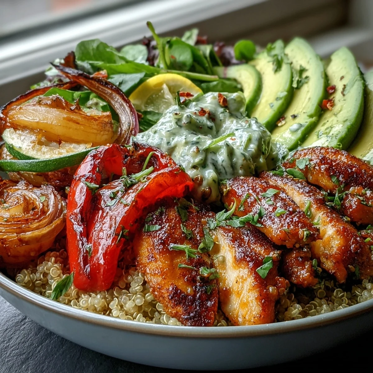 Crisp lemon salad adds brightness to the warm Paprika Roasted Vegetable Quinoa Bowl.