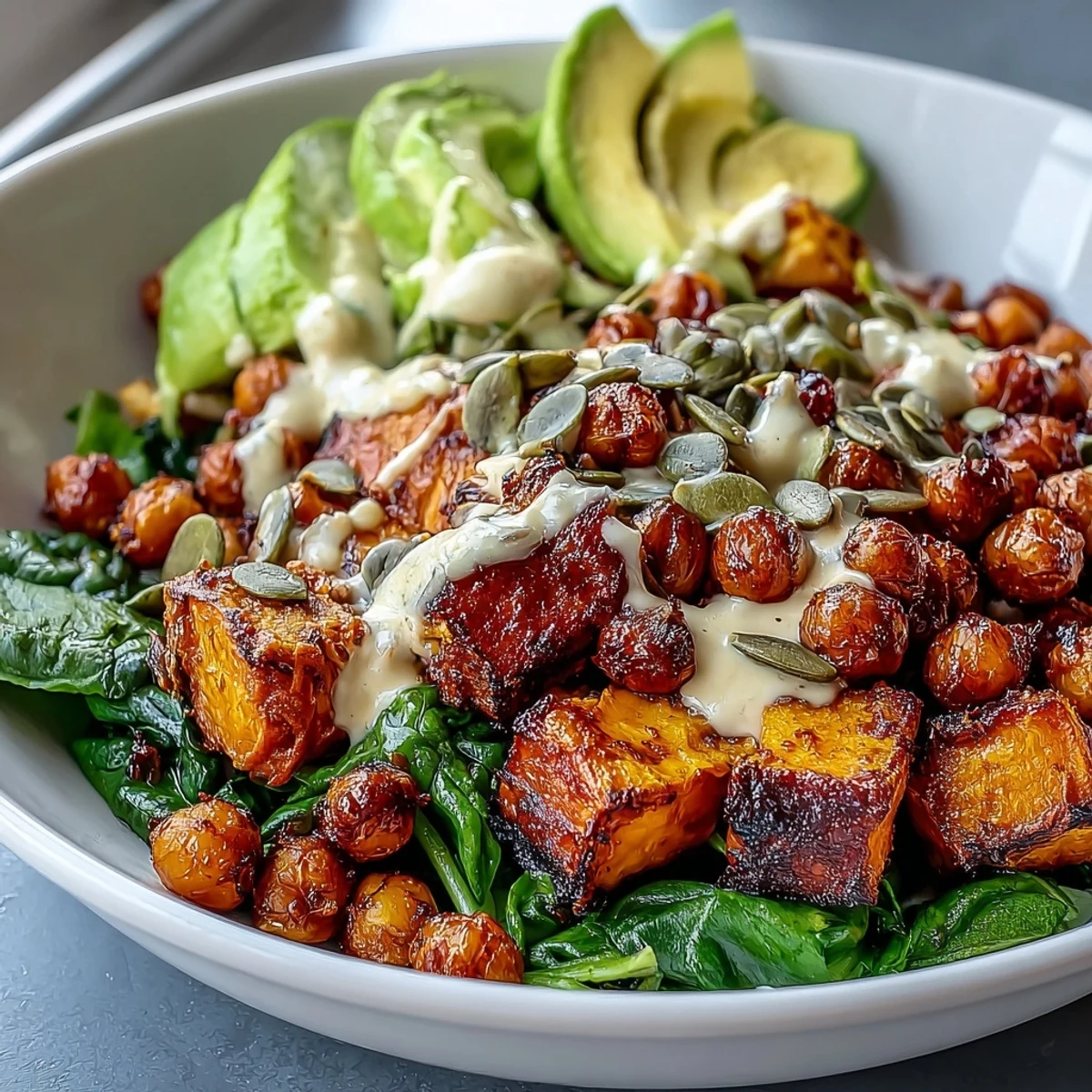 Dinner is served with this Roasted Sweet Potato and Chickpea Bowl featuring warm, caramelized vegetables and a creamy, smoky tahini drizzle.