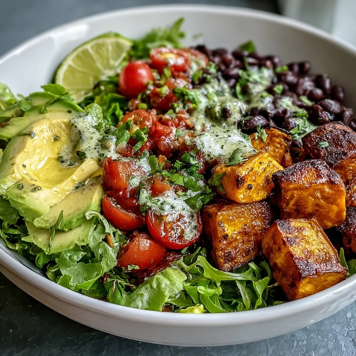 A vibrant Sweet Potato and Black Bean Bowl topped with fresh avocado slices and a zesty lime dressing for a nutritious meal.