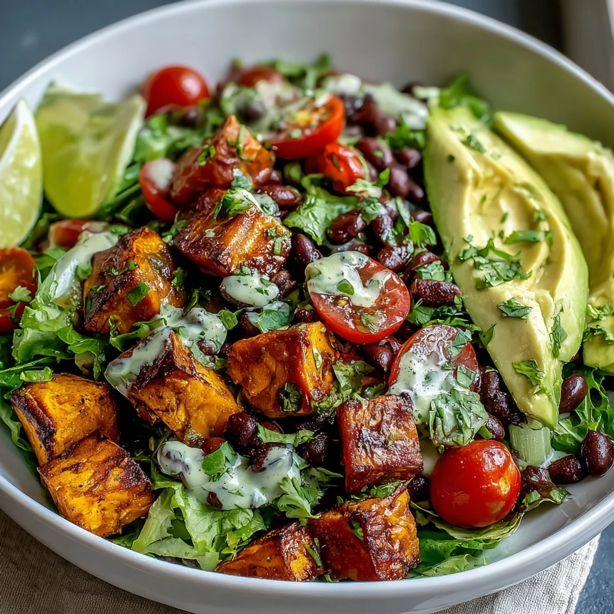 A close-up of the Sweet Potato and Black Bean Bowl shows creamy avocado and chopped cilantro, served with lime wedges.