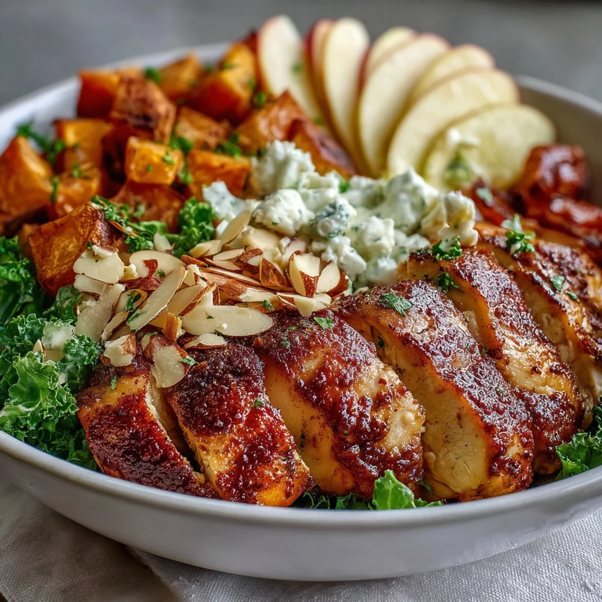 Fall Sweet Potato Harvest Bowl with roasted chicken, caramelized sweet potatoes, apples, kale, goat cheese, and crunchy almonds, drizzled with tangy balsamic vinaigrette.