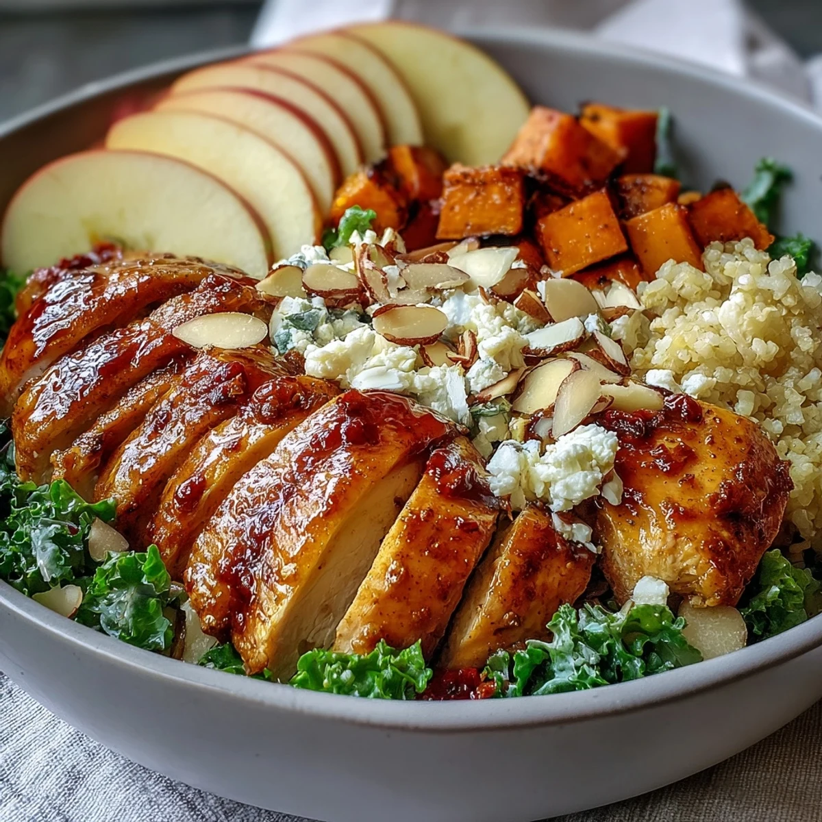 Healthy Fall Sweet Potato Harvest Bowl topped with sliced roasted chicken, golden sweet potato cubes, tart apple slices, kale, goat cheese crumbles, and toasted almonds.