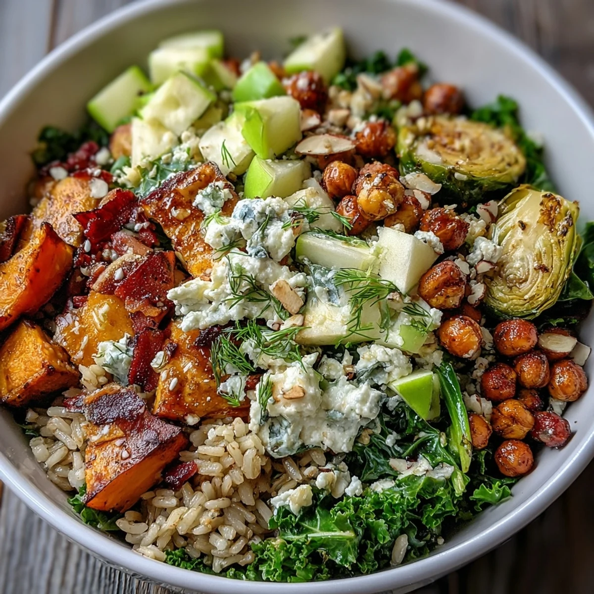 Golden roasted sweet potatoes and crispy chickpeas top this vibrant Fall Harvest Bowl with kale and wild rice.
