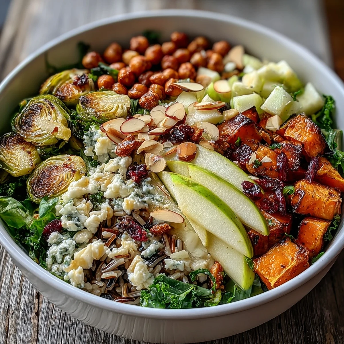 A hearty vegetarian gluten-free meal, finished with creamy feta and crunchy almonds for texture.