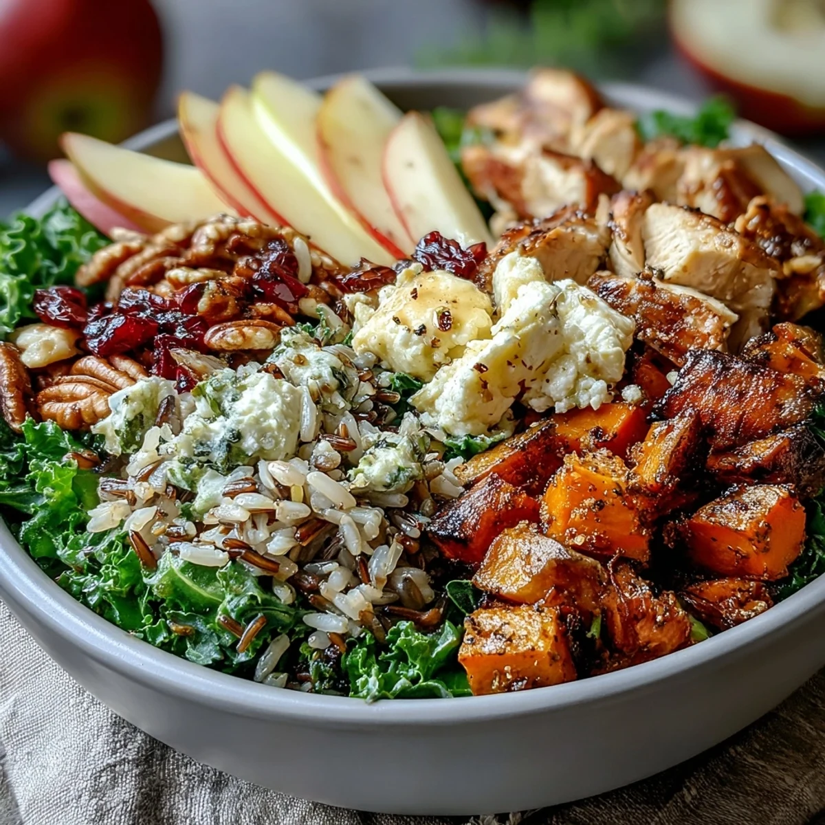 Golden roasted sweet potatoes and sliced chicken breast rest on a bed of massaged kale and wild rice in a Harvest Bowl. Toasted almonds, diced Honeycrisp apple, and creamy goat cheese are scattered on top with a drizzle of tangy balsamic dressing.